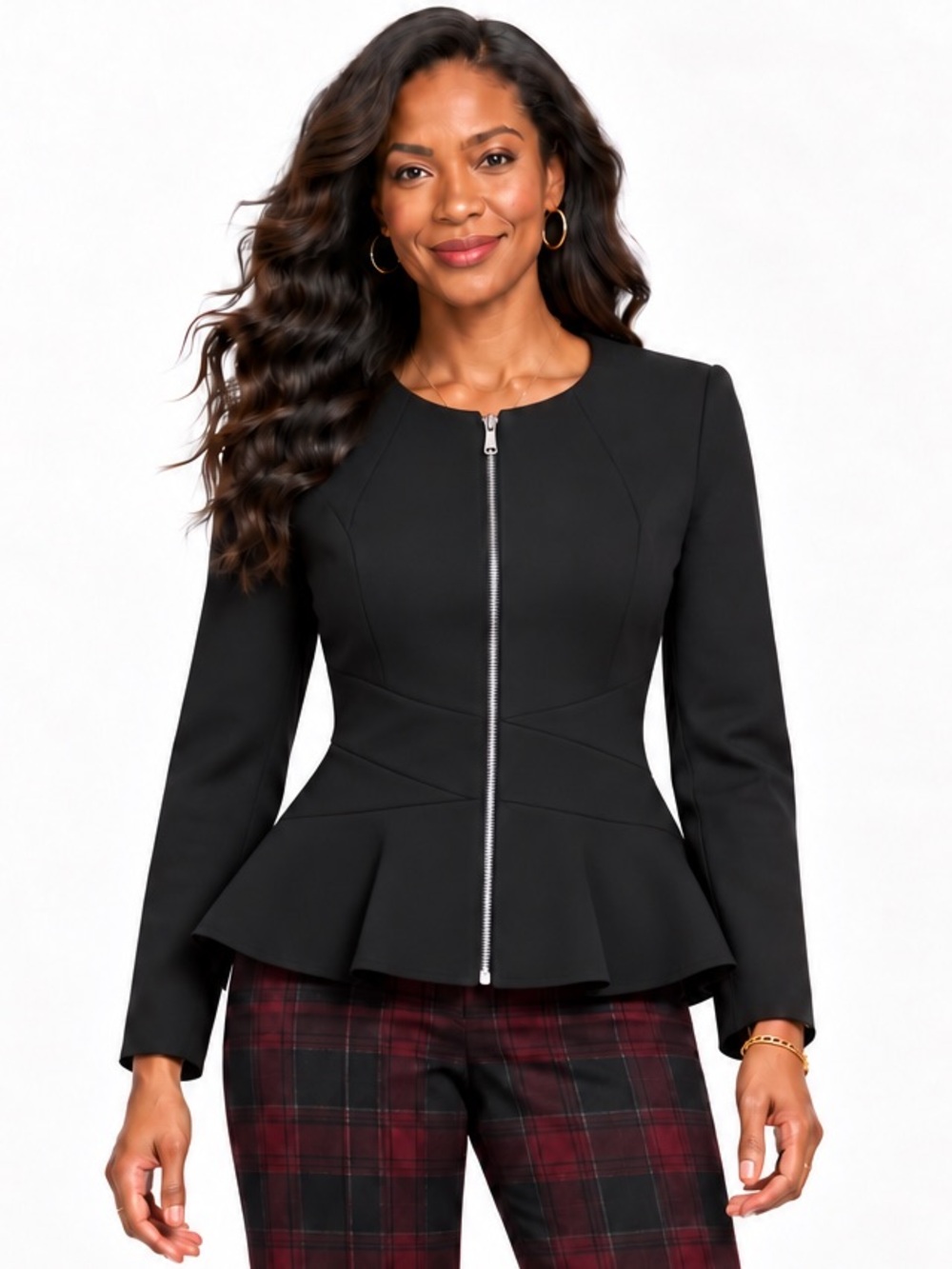 CAbi SZ S Black W/Exposes Silver Zipper Peplum Blazer/Bust 36”-40”/PTP 18”-20”